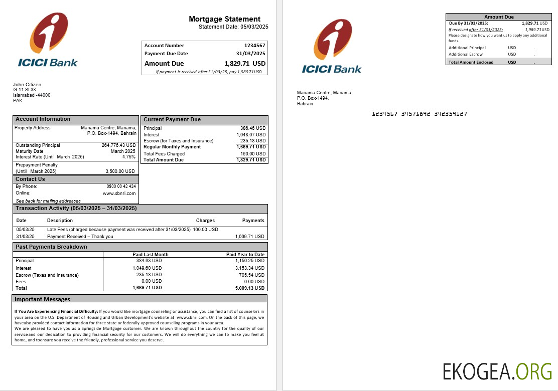 Relevé hypothécaire ICICI du Pakistan aux formats Word et PDF sans wm